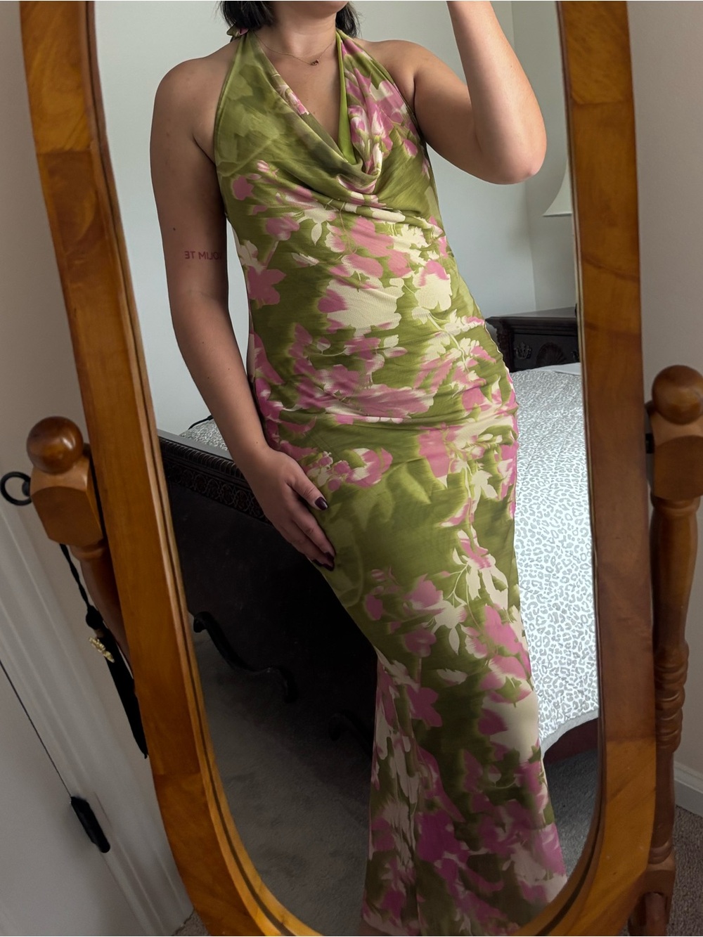 See You Monday Olive & Pink Halter Cowl-Neck Floral Maxi Dress